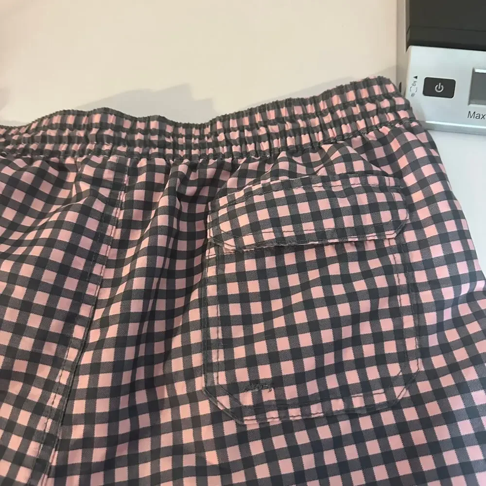 Goodfellow Men's Pink Navy Blue Check Plaid Gingham Swim Trunks Size Large